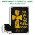 Framed softball canvas wall art shown with a white frame and bold yellow and black design
