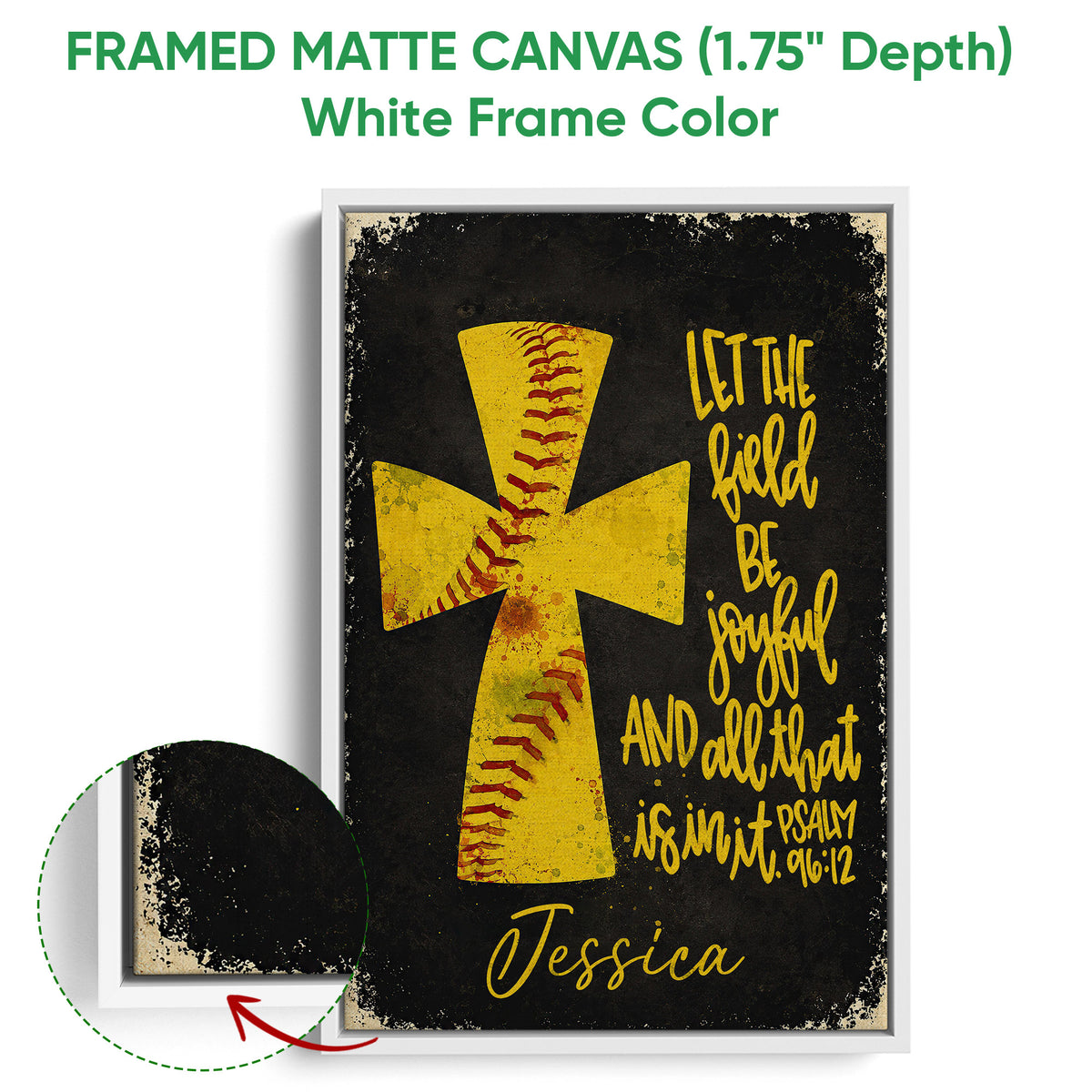 Framed softball canvas wall art shown with a white frame and bold yellow and black design