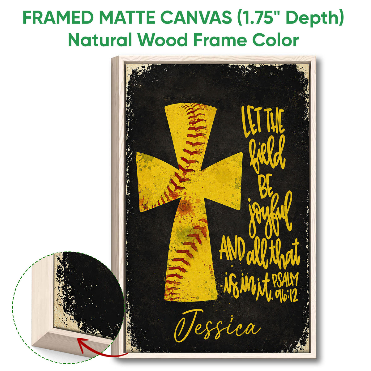 Framed softball wall art shown with a natural wood frame and distressed sports-inspired artwork