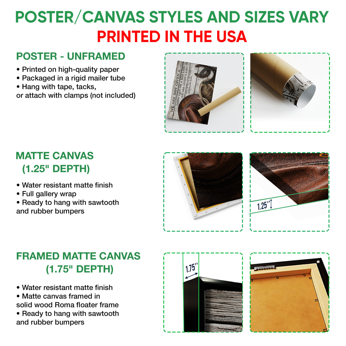 Cowboy wall art option guide showing poster, matte canvas and framed canvas formats
