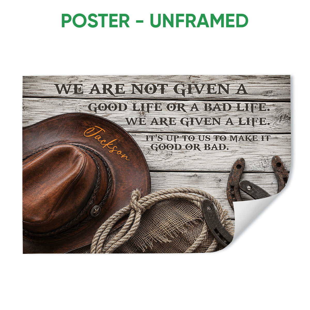 Unframed cowboy poster featuring a brown hat, rope, horseshoes and weathered wood background
