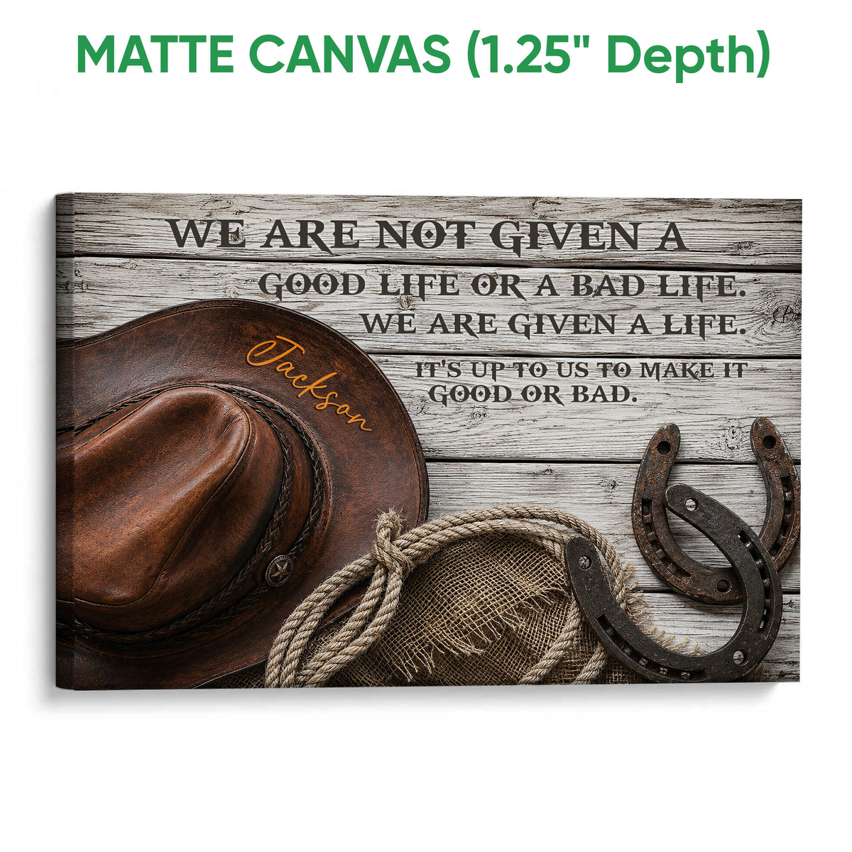 Matte canvas cowboy wall art with rustic Western imagery and a weathered wood design