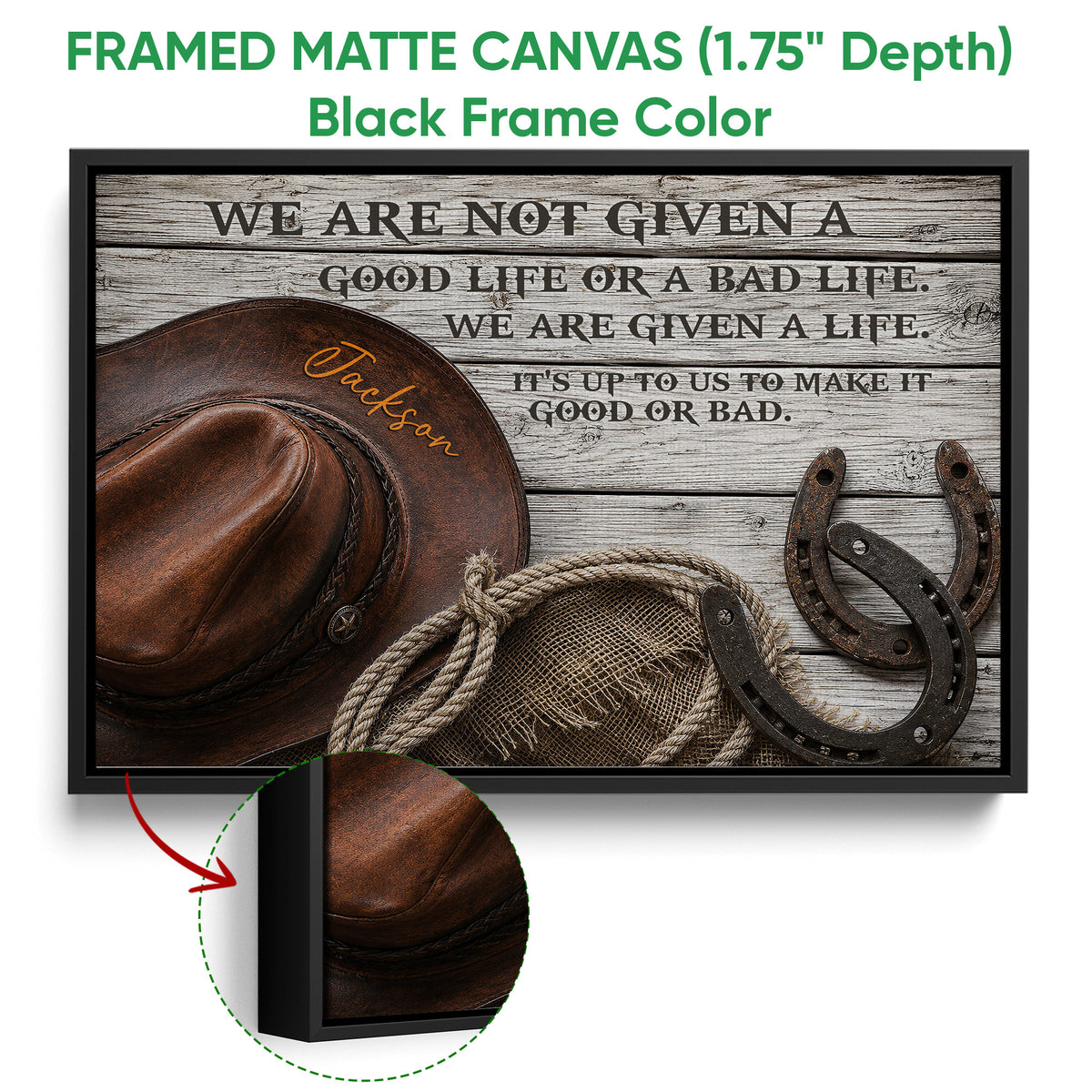 Black framed cowboy canvas showing a hat, rope, horseshoes and rustic typography