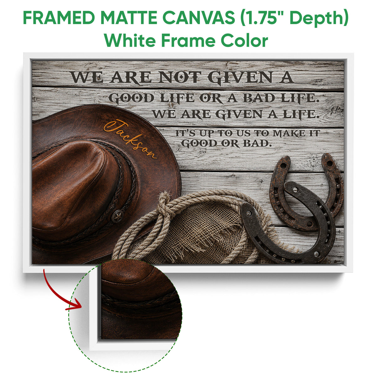 White framed cowboy canvas featuring Western imagery against weathered wood planks