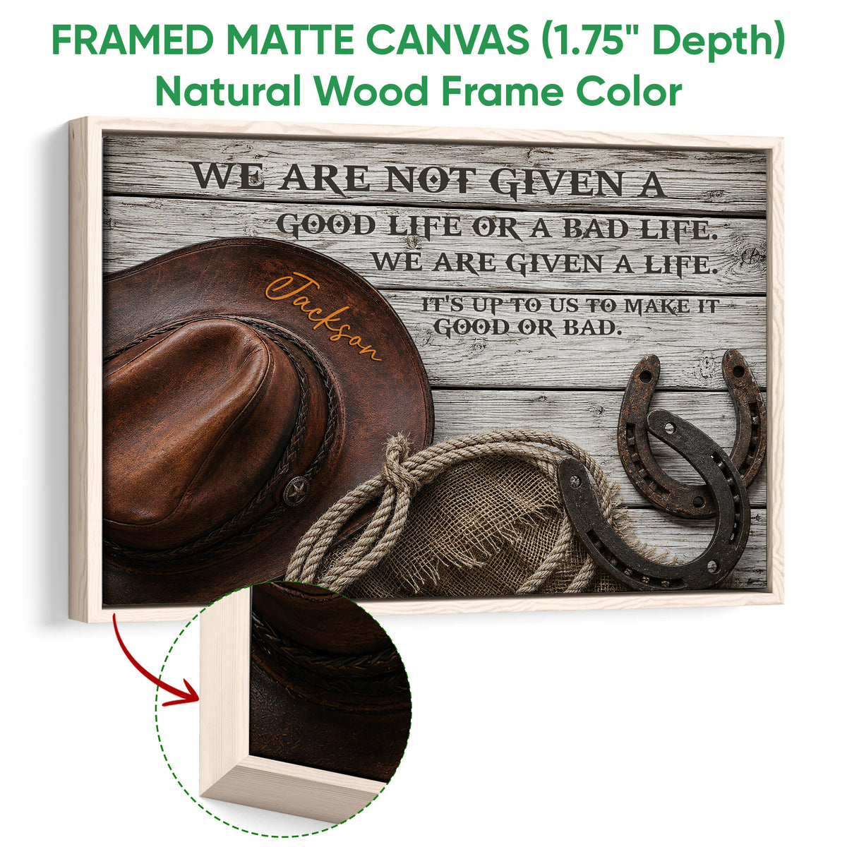 Natural wood framed cowboy canvas with a hat, rope, horseshoes and rustic Western styling