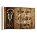 Framed lacrosse wall art with a lacrosse stick, rustic wood backdrop, and motivational sports lettering