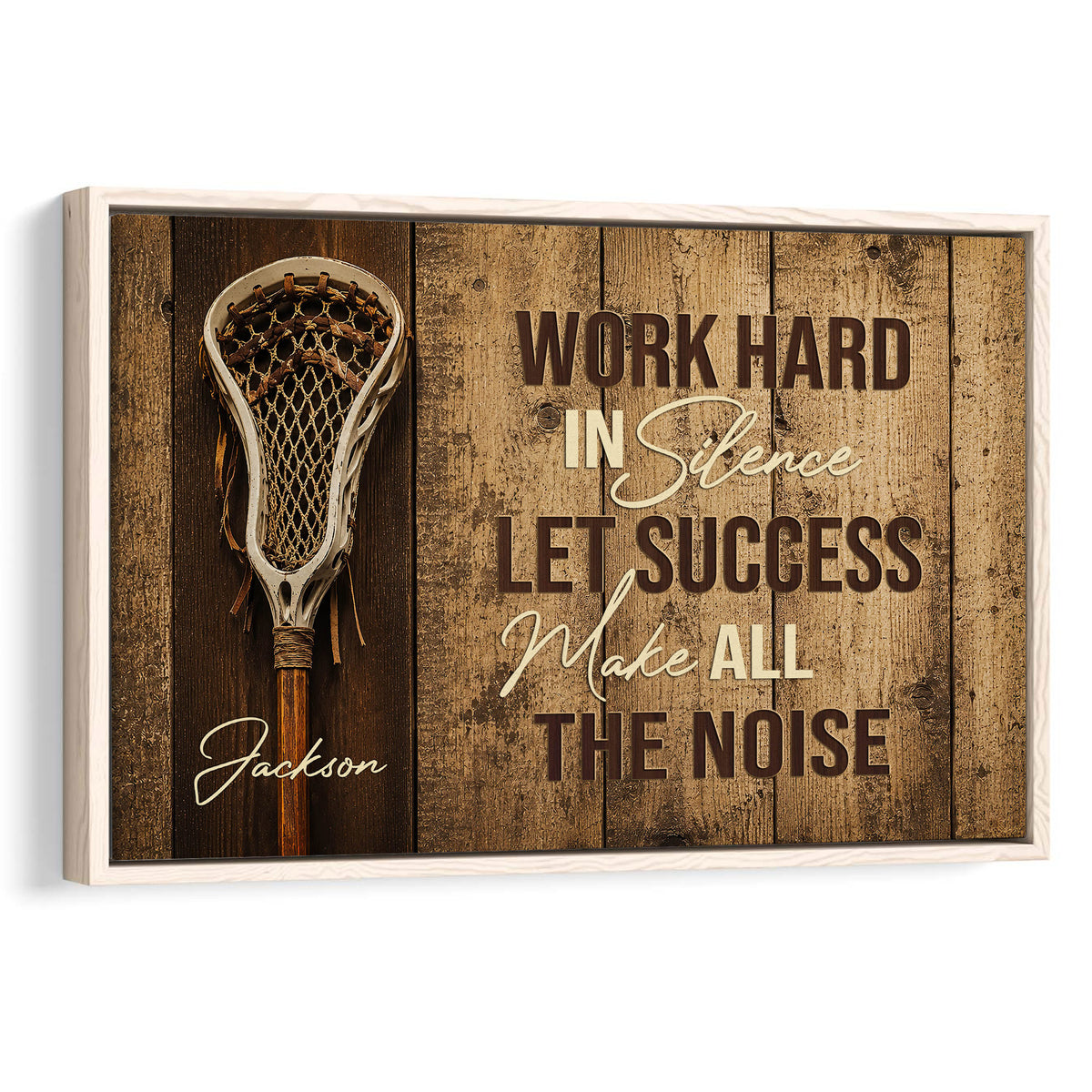 Framed lacrosse wall art with a lacrosse stick, rustic wood backdrop, and motivational sports lettering