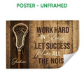 Unframed lacrosse poster featuring a lacrosse stick and motivational lettering on a rustic wood background