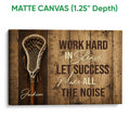 Matte canvas lacrosse wall art with a lacrosse stick and warm rustic wood-inspired sports design