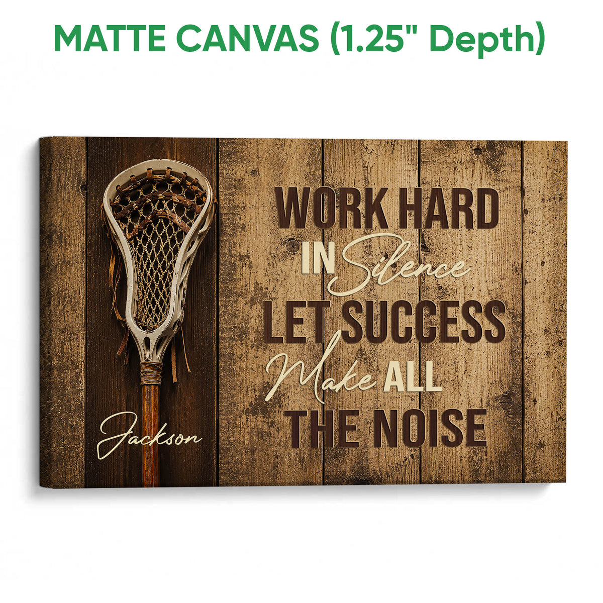 Matte canvas lacrosse wall art with a lacrosse stick and warm rustic wood-inspired sports design