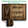 Black framed lacrosse canvas wall art with a close-up view of the frame and detailed sports artwork