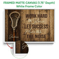 White framed lacrosse canvas wall art showing the artwork and a close-up of the frame finish