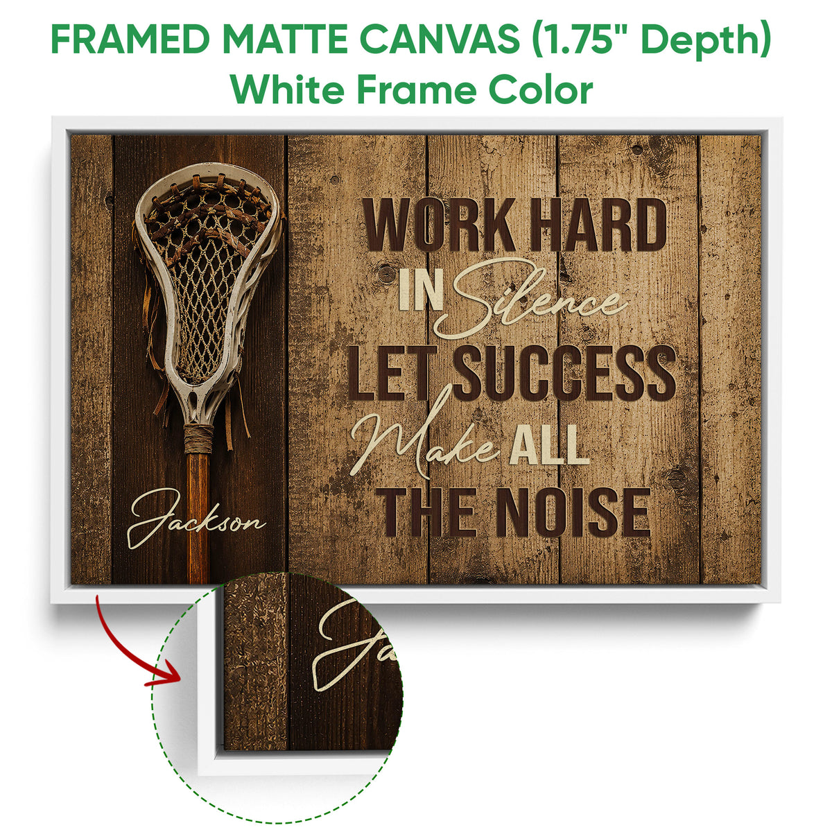 White framed lacrosse canvas wall art showing the artwork and a close-up of the frame finish