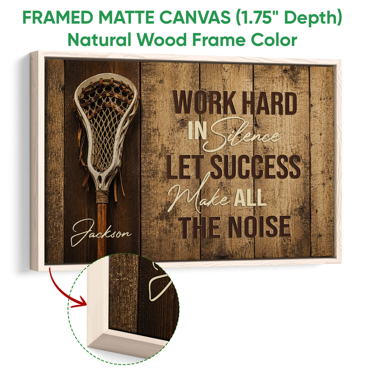 Natural wood framed lacrosse wall art with a close-up of the frame edge and rustic sports design
