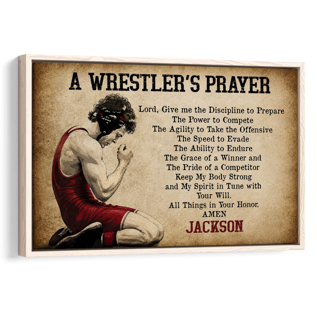 Framed wrestling wall art featuring a kneeling wrestler and inspirational prayer design in warm brown and red tones