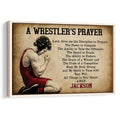 Framed wrestling wall art featuring a kneeling wrestler and inspirational prayer design in warm brown and red tones