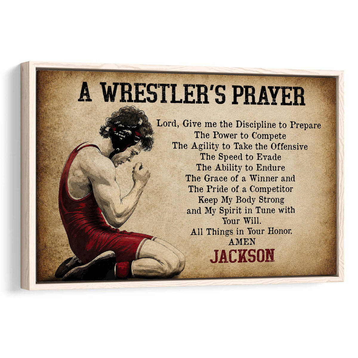 Framed wrestling wall art featuring a kneeling wrestler and inspirational prayer design in warm brown and red tones