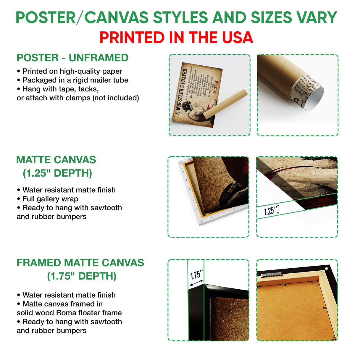 Poster and canvas wall art format guide showing unframed poster, matte canvas, and framed canvas examples