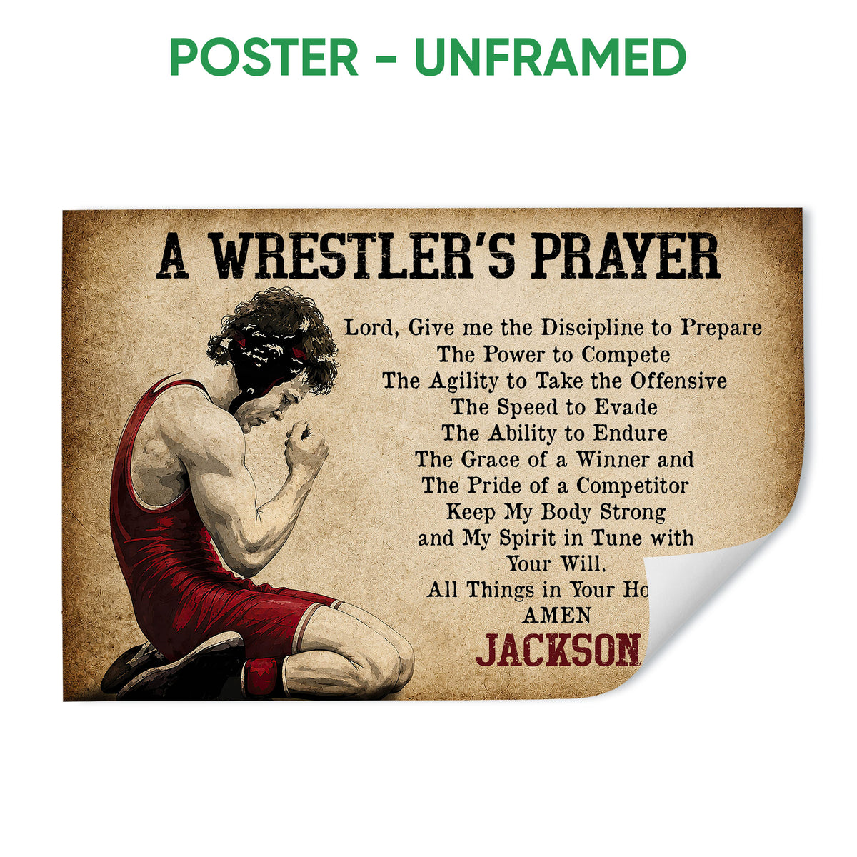Unframed wrestling poster featuring a kneeling wrestler, prayer-inspired wording, and vintage brown artwork