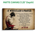 Matte canvas wrestling wall art with a kneeling wrestler, textured brown background, and inspirational prayer design