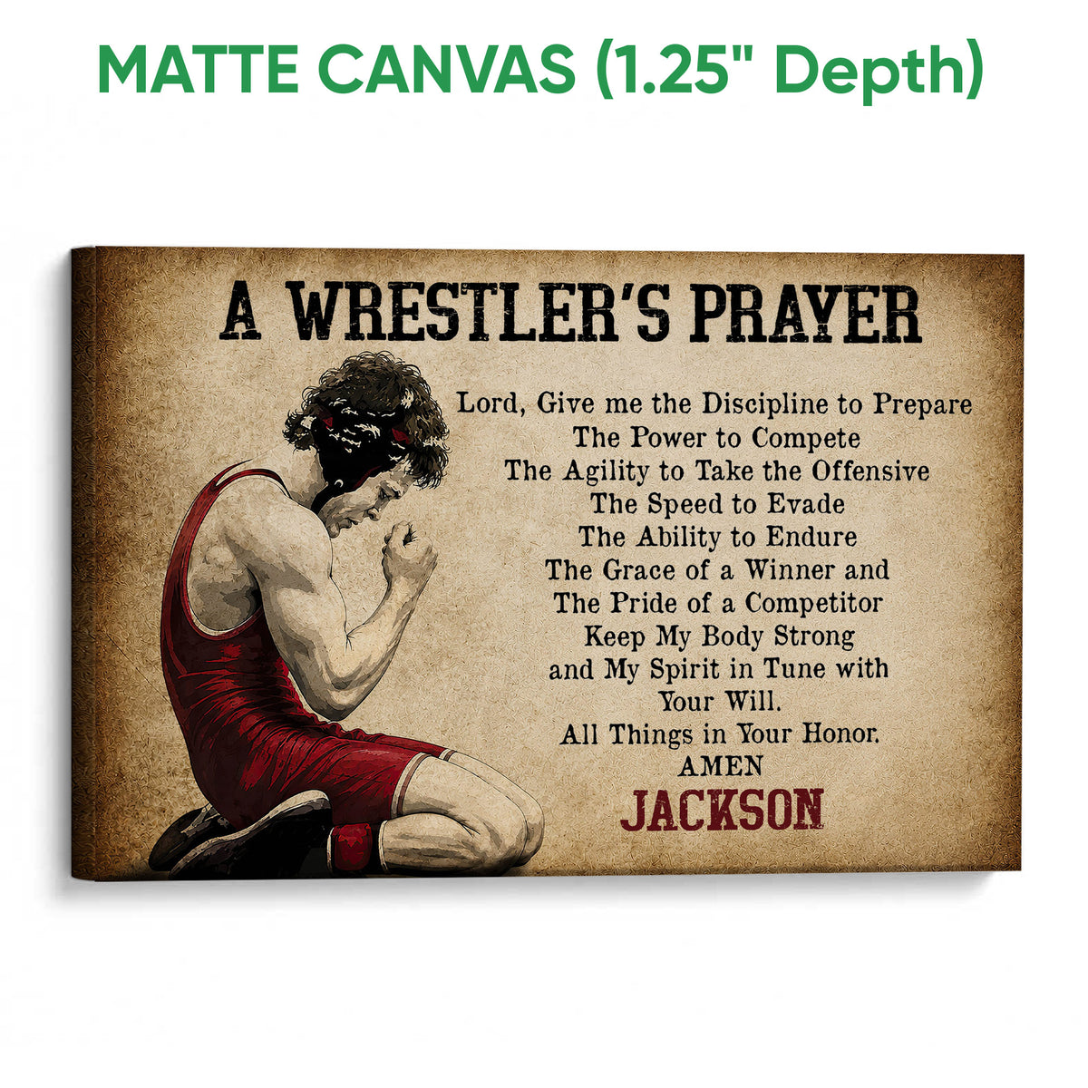 Matte canvas wrestling wall art with a kneeling wrestler, textured brown background, and inspirational prayer design