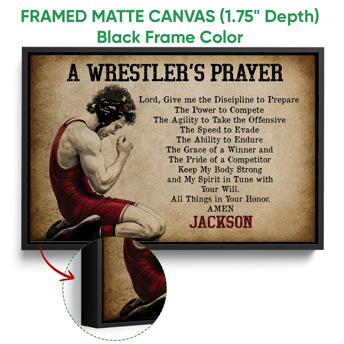 Framed wrestling wall art shown with a black frame and close-up view of the artwork and frame depth