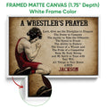 Framed wrestling wall art shown with a white frame and close-up view of the artwork and frame profile