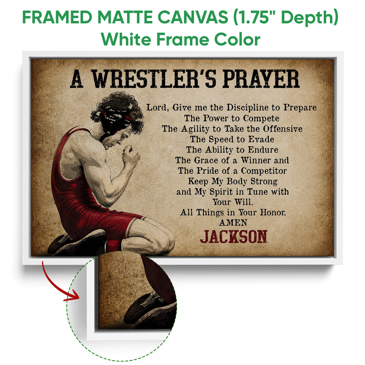 Framed wrestling wall art shown with a white frame and close-up view of the artwork and frame profile