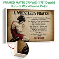 Framed wrestling wall art shown with a natural wood frame and close-up view of the wood finish