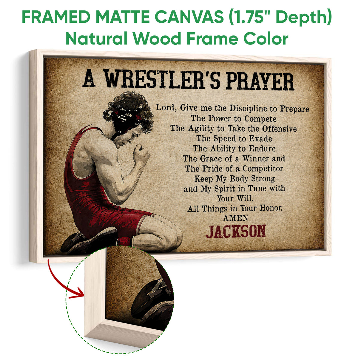 Framed wrestling wall art shown with a natural wood frame and close-up view of the wood finish