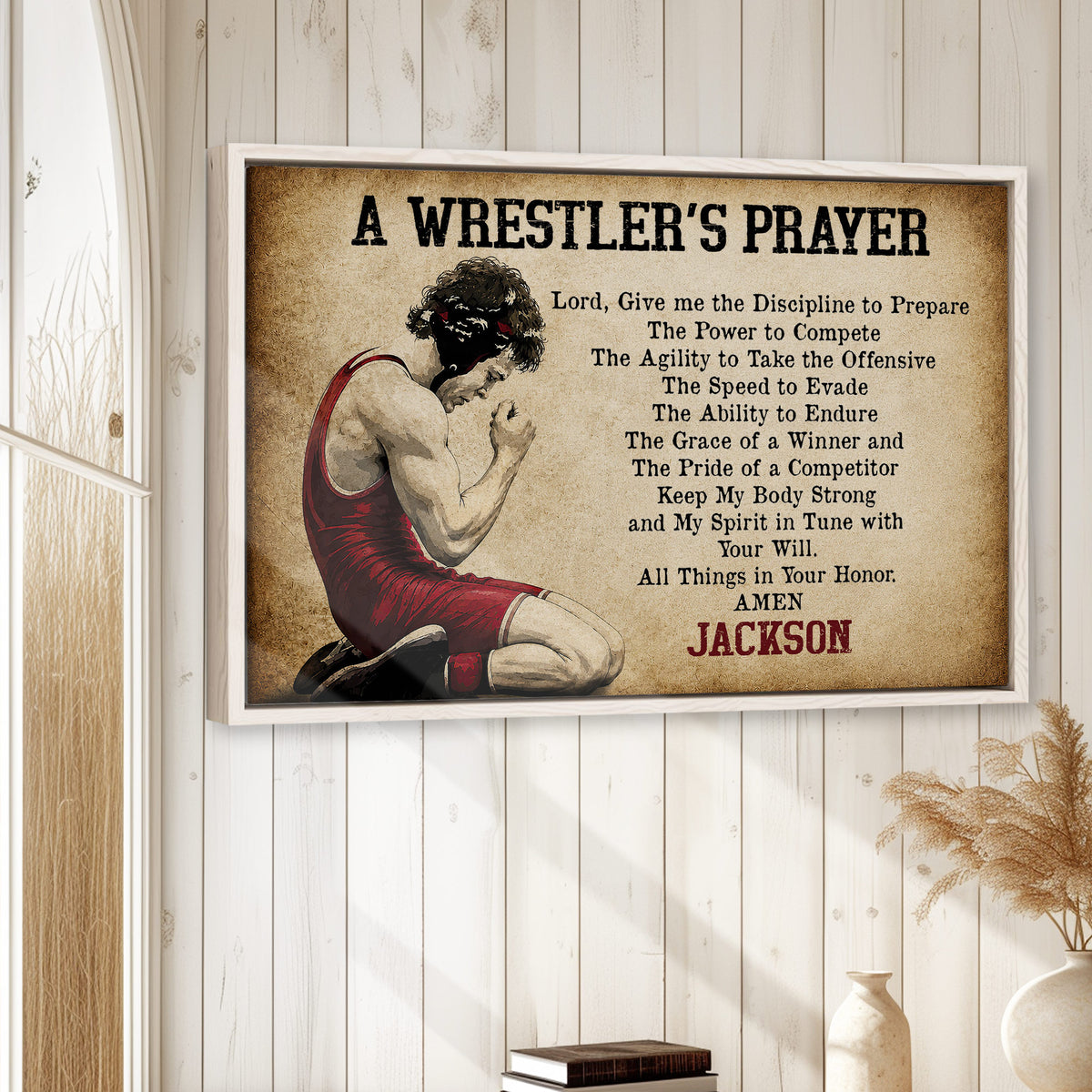 Wrestling wall art displayed in a bright room with white wood-paneled walls and a natural wood frame
