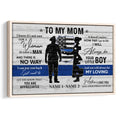 Framed police officer wall art with a mother and son silhouette, blue stripe flag design, and appreciation message