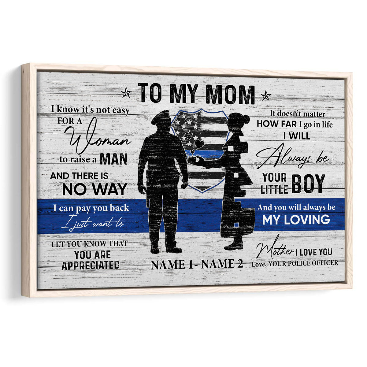 Framed police officer wall art with a mother and son silhouette, blue stripe flag design, and appreciation message