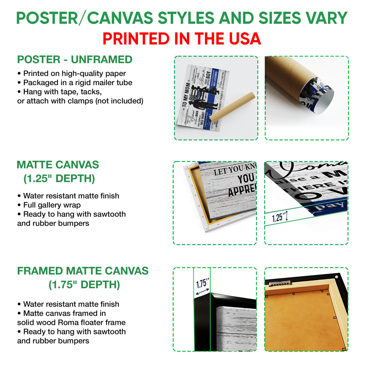 Poster and canvas format guide showing unframed poster, matte canvas, and framed matte canvas options