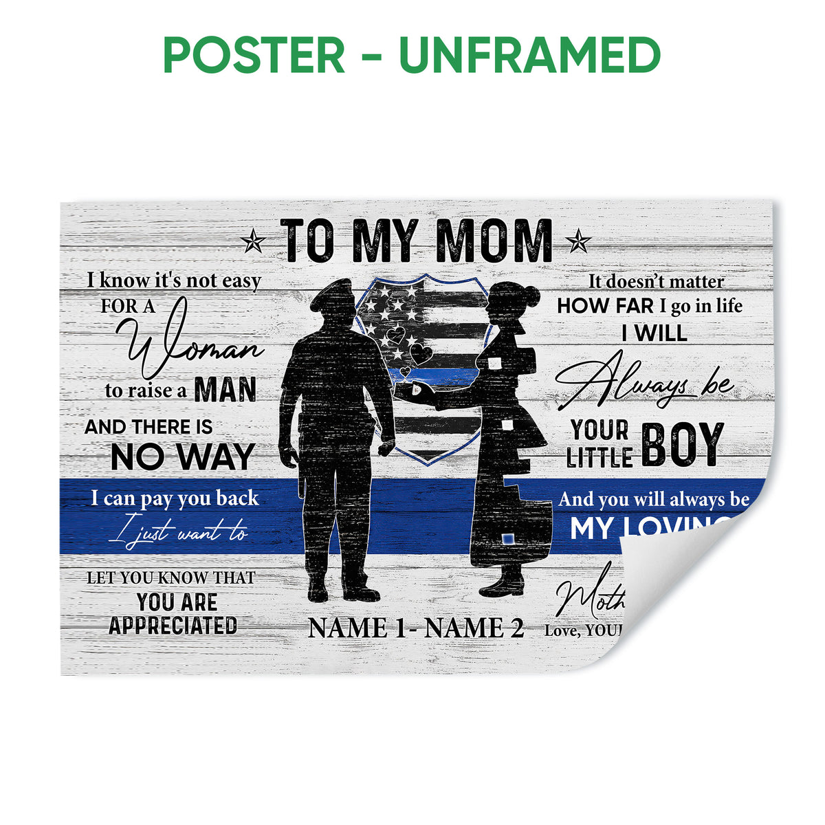Unframed police officer appreciation poster featuring a mother and son silhouette with blue and black patriotic details