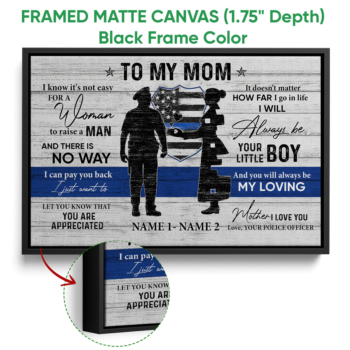 Framed police officer wall art shown with a black frame and a close-up view of the frame depth