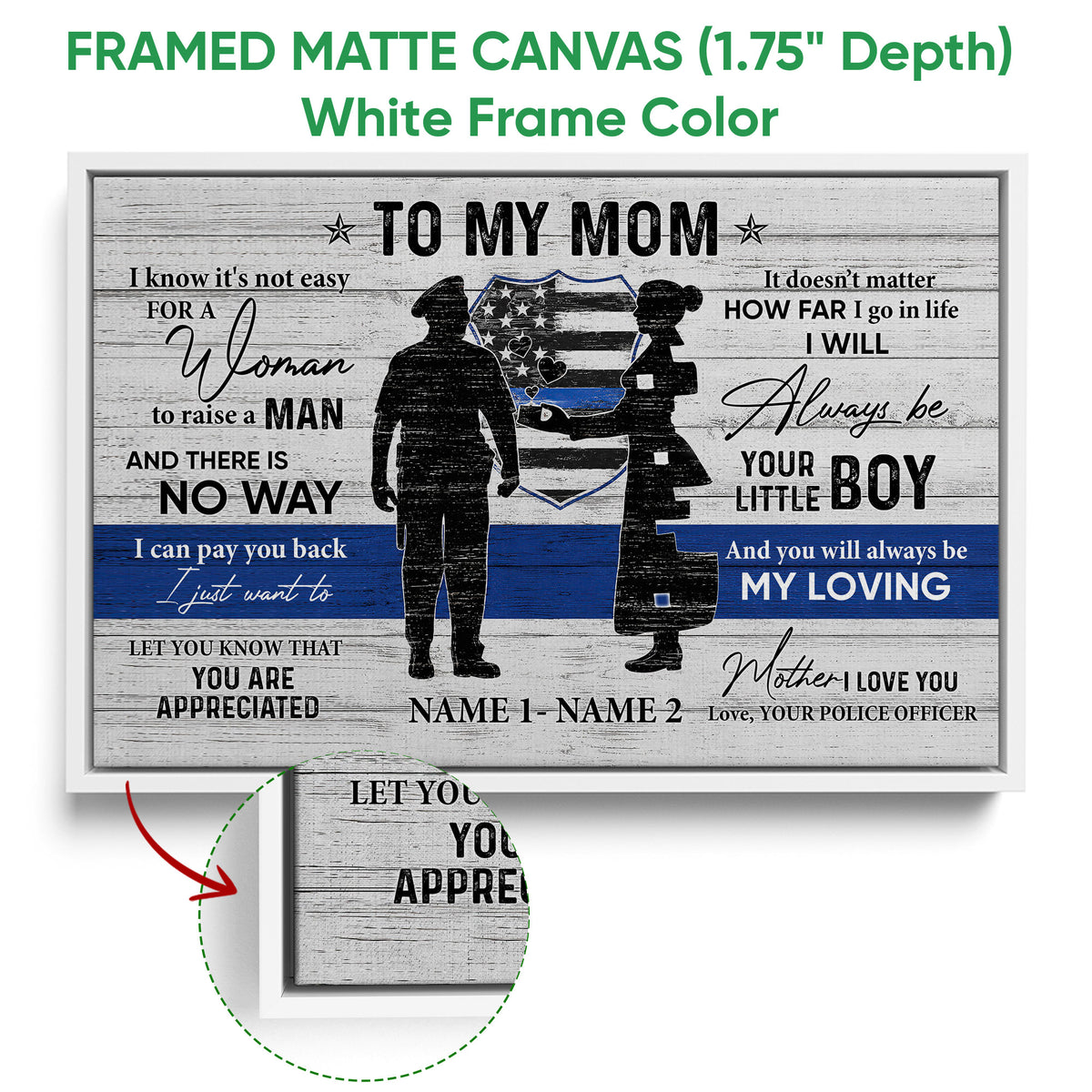 Framed police officer wall art shown with a white frame and close-up detail of the framed canvas edge