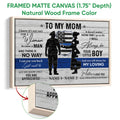 Framed police officer wall art shown with a natural wood frame and close-up detail of the frame