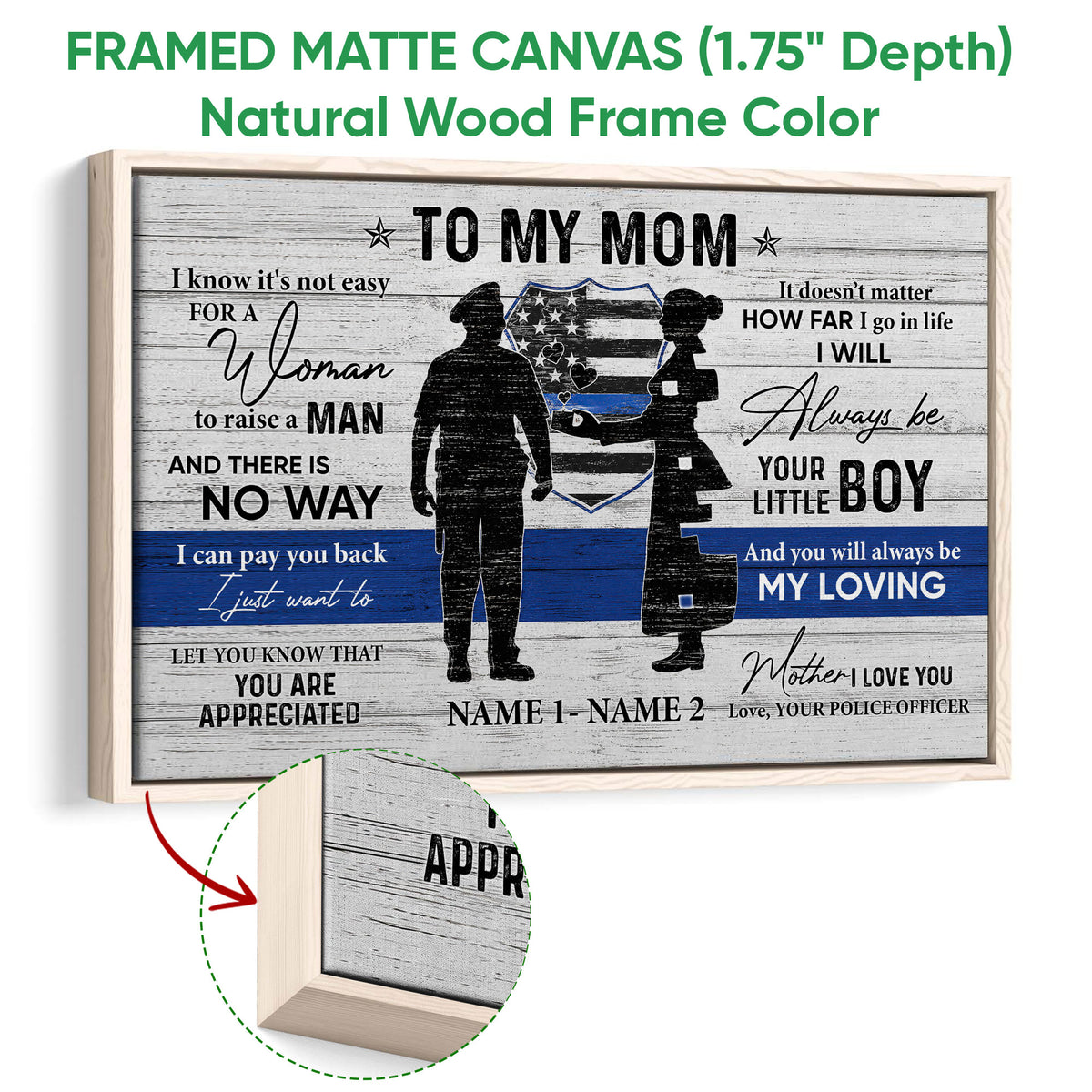 Framed police officer wall art shown with a natural wood frame and close-up detail of the frame