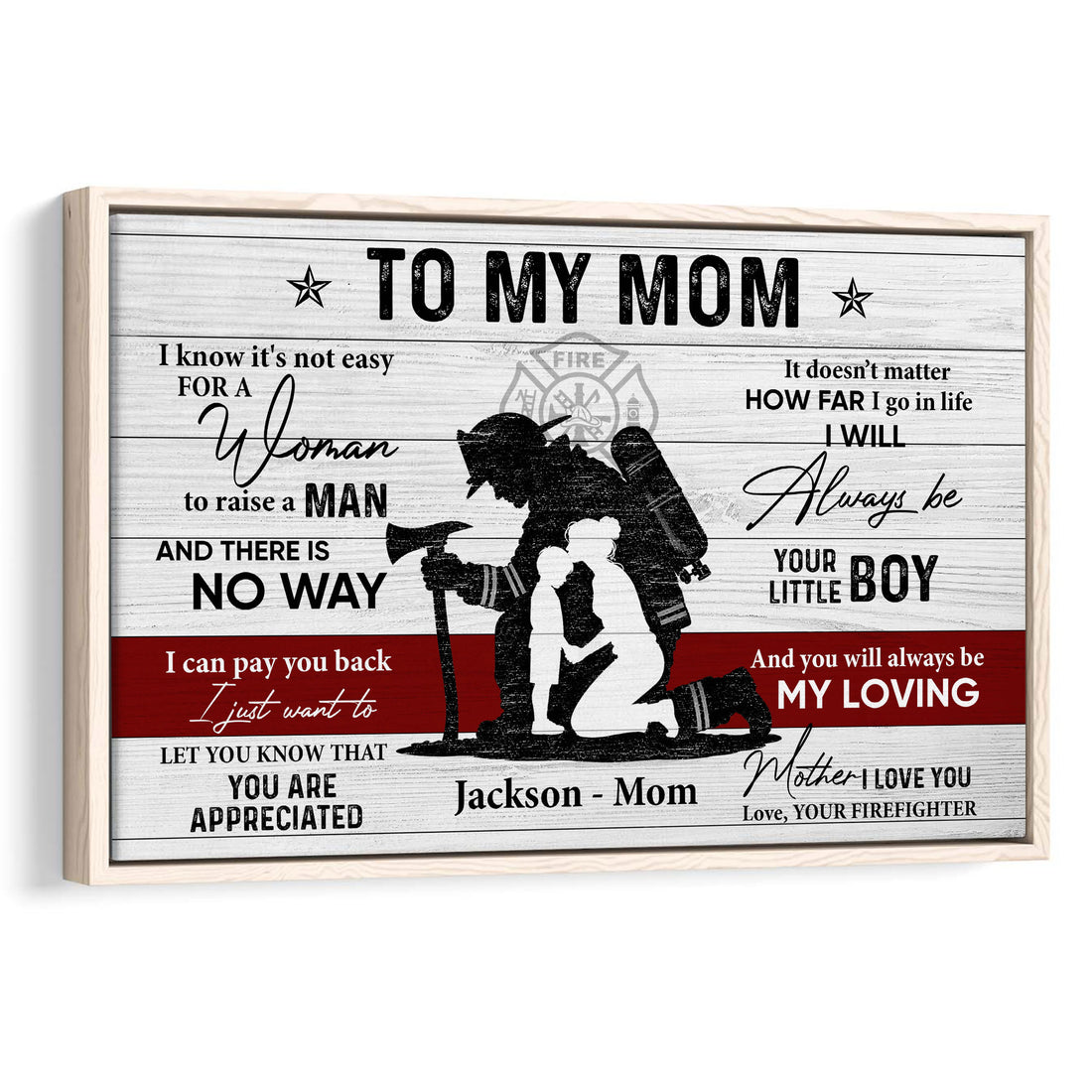 Framed firefighter mother and child wall art with red, white, and black design on a light wood background