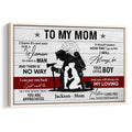 Framed firefighter mother and child wall art with red, white, and black design on a light wood background