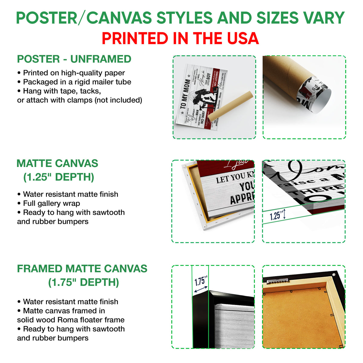 Poster and canvas wall art option guide showing unframed poster, matte canvas, and framed canvas formats