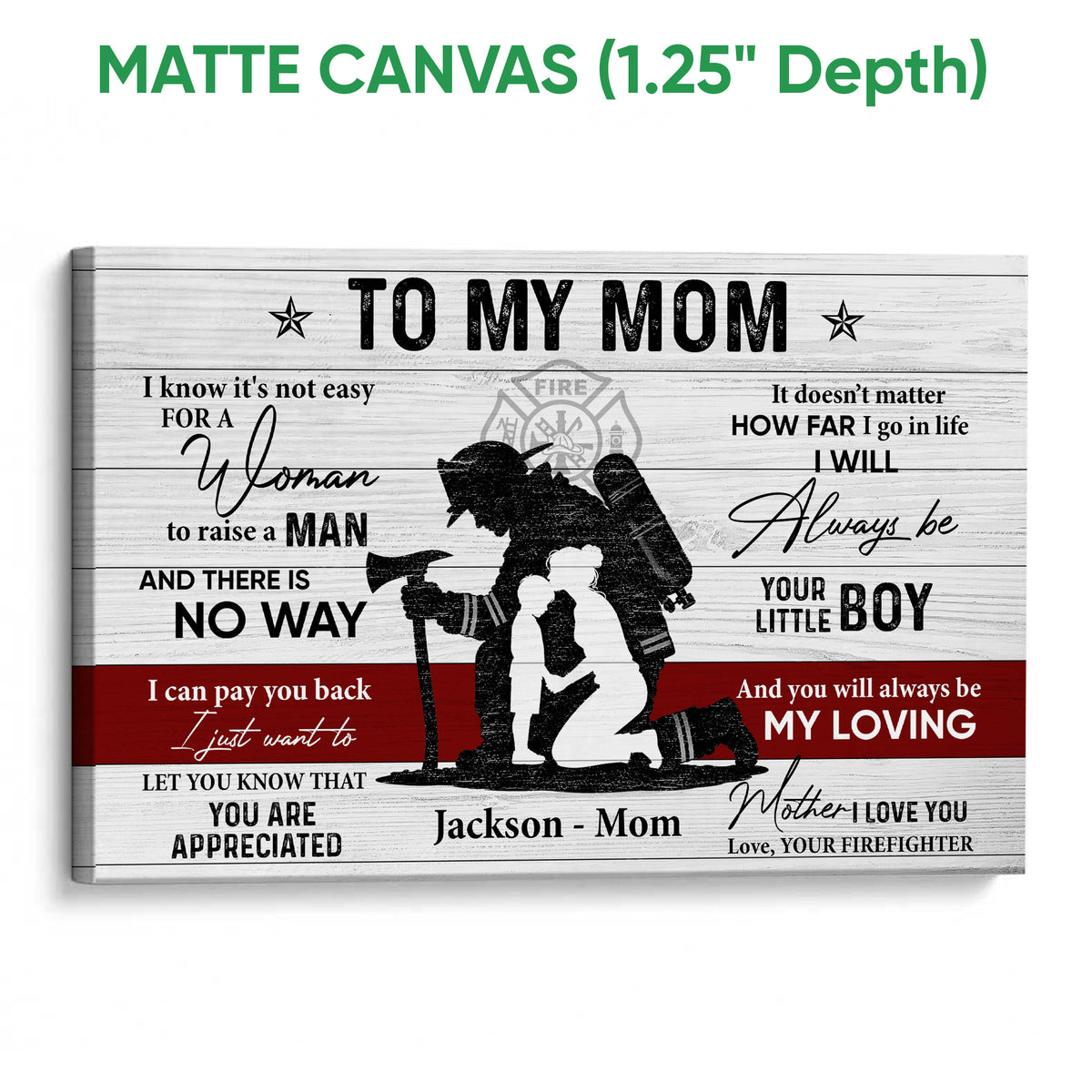 Matte canvas firefighter wall art featuring a mother and child silhouette with red and white accents