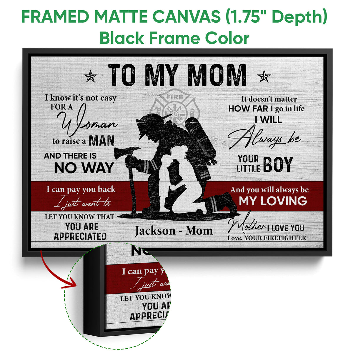 Black framed firefighter canvas wall art with a mother and child tribute design and close-up frame detail