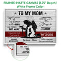 White framed firefighter canvas wall art with a mother and child tribute design and close-up canvas detail