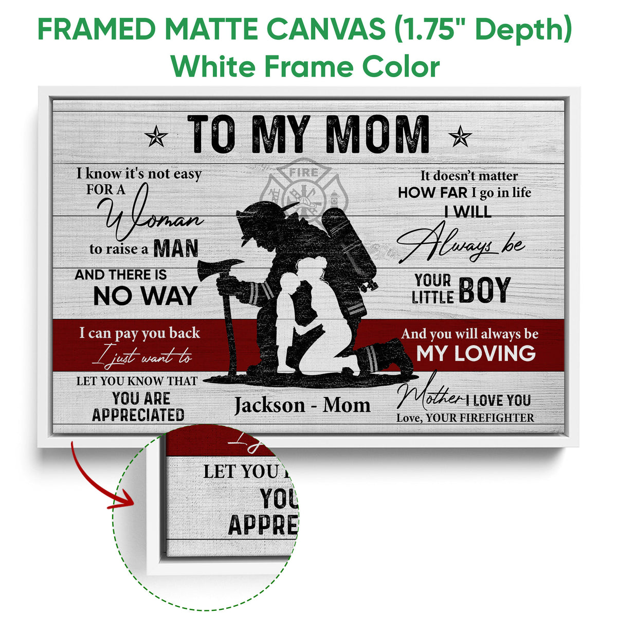 White framed firefighter canvas wall art with a mother and child tribute design and close-up canvas detail