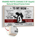Natural wood framed firefighter canvas wall art showing a mother and child tribute with frame detail