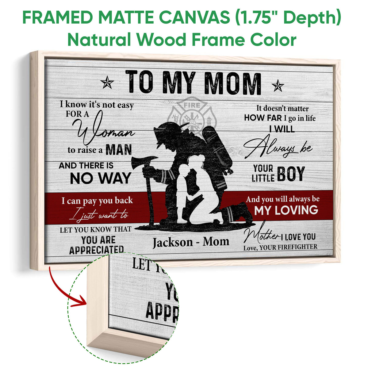 Natural wood framed firefighter canvas wall art showing a mother and child tribute with frame detail
