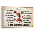 Framed cheerleading wall art featuring a colorful cheerleader surrounded by motivational artwork