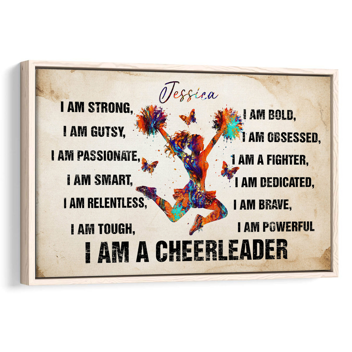 Framed cheerleading wall art featuring a colorful cheerleader surrounded by motivational artwork